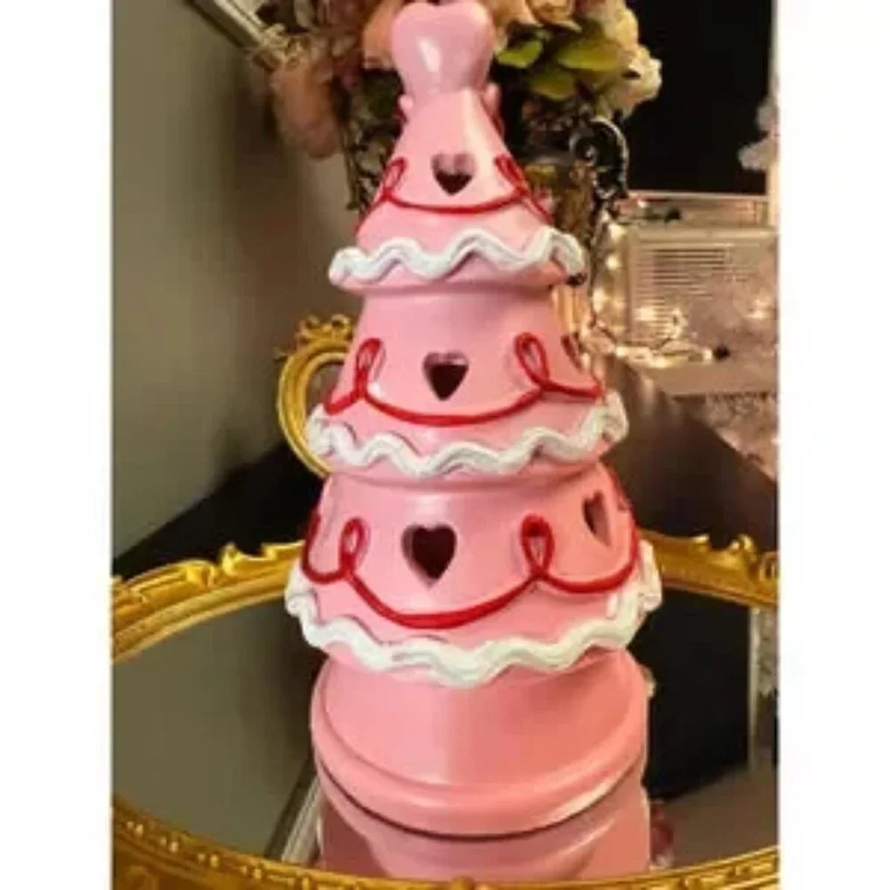 Pink Valentine Light Up Cake Tree Decor Heart Cutouts Bow Tabletop NWT